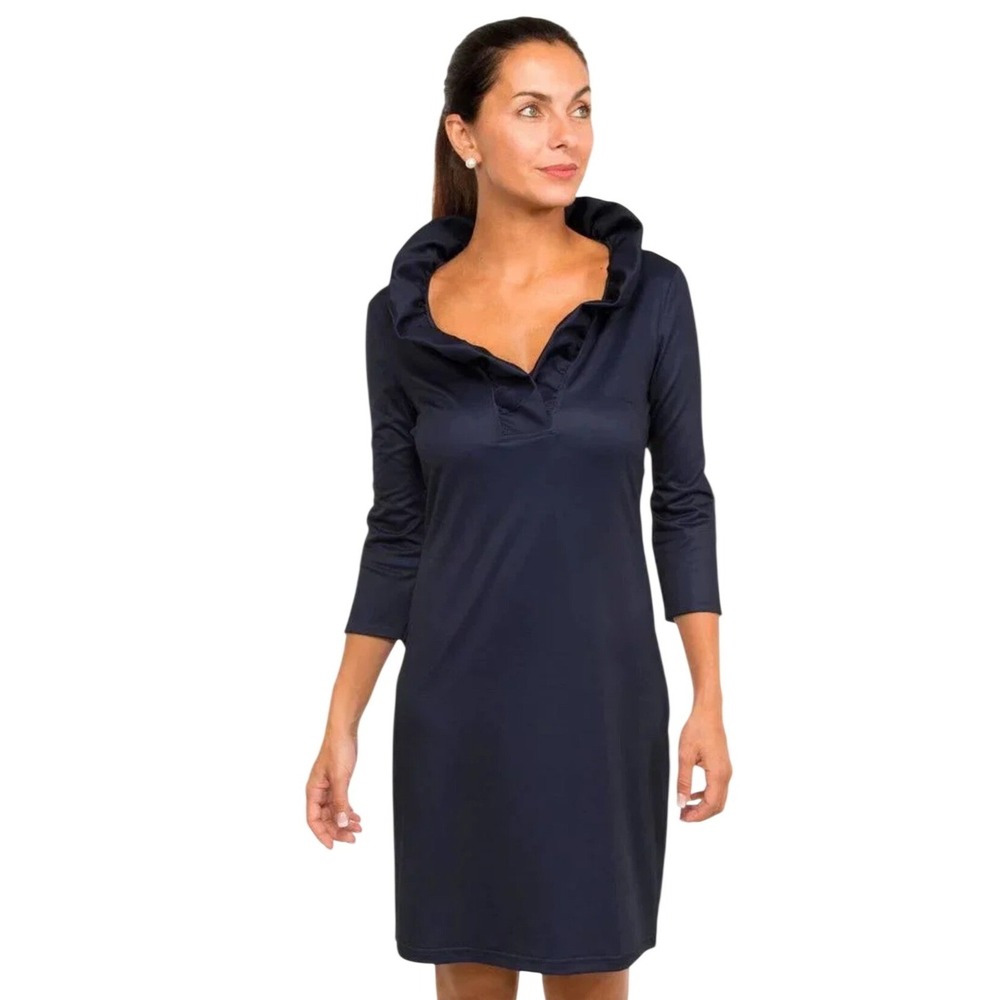 Gretchen Scott Navy Blue Ruffle Neck Dress 3/4 Sleeve Stretch Golf Travel Size S
